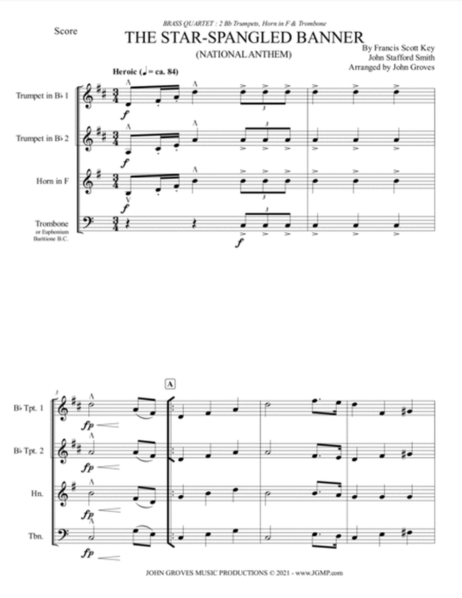 The Star-Spangled Banner (National Anthem) - 2 Trumpet, Horn, Trombone (Brass Quartet) image number null