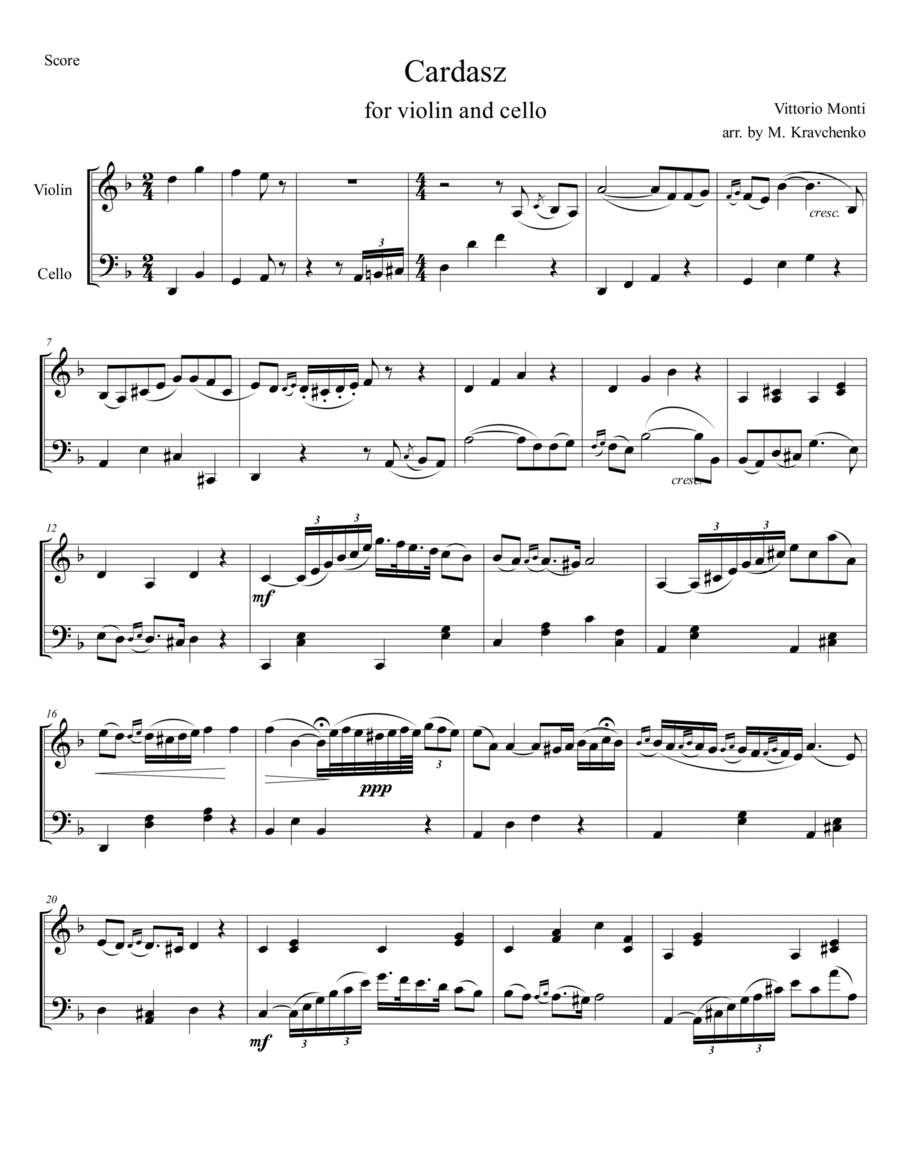 Vittorio Monti - Czardas arr. for violin and cello (score and parts) String Duet scores gallery preview page 1