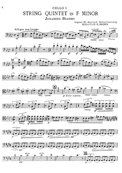 Brahms String Quintet Op34 for 2 vlns viola and 2 Cellos (Brown) CELLO 1 part