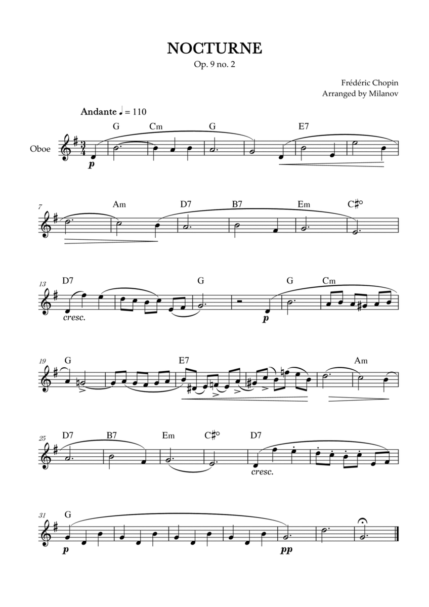 Chopin Nocturne op. 9 no. 2 | Oboe | G Major | Chords | Easy beginner image number null
