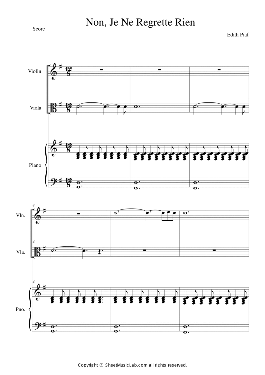Non, Je Ne Regrette Rien Viola scores gallery preview page 1