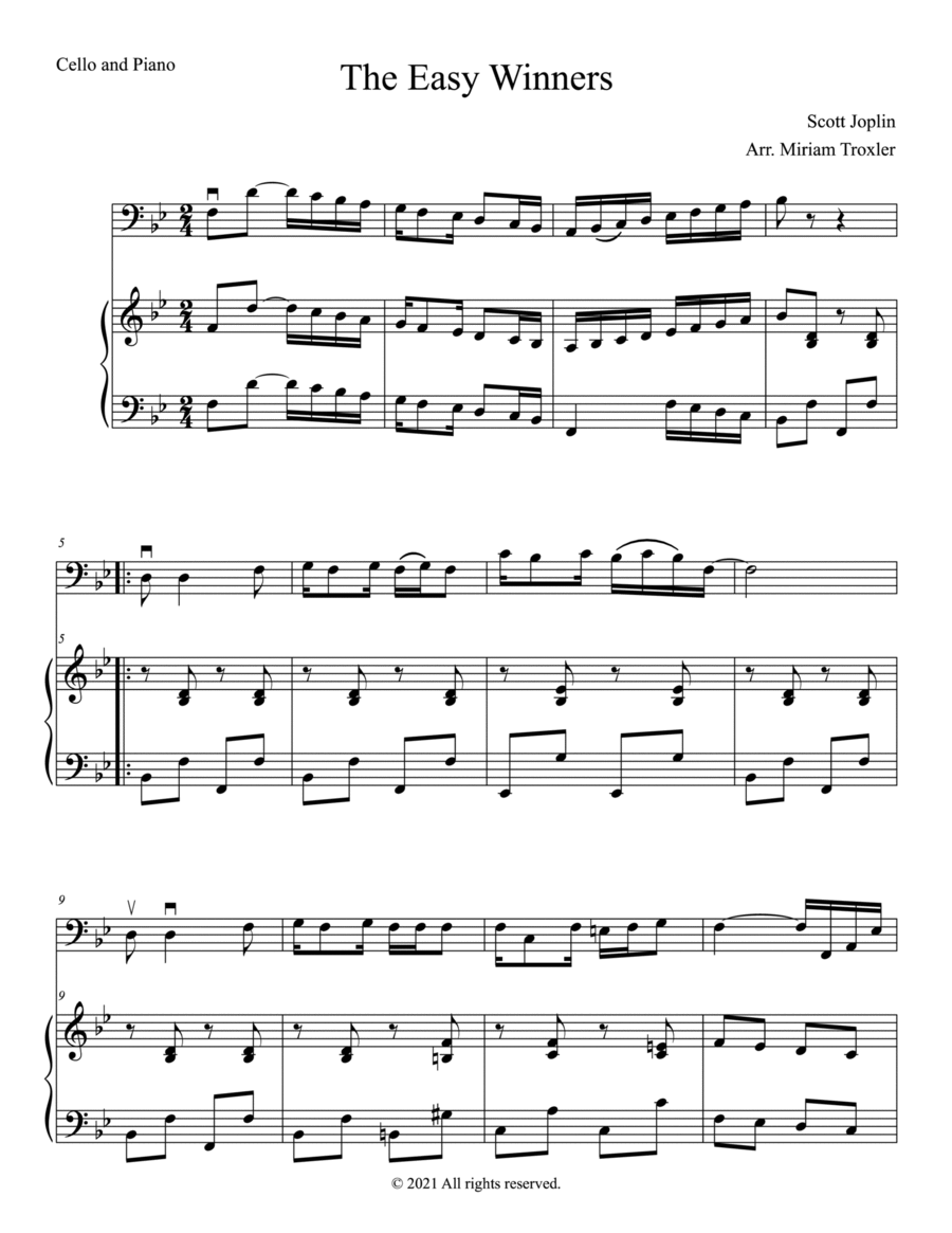 The Easy Winners Duet for Cello and Piano Piano scores gallery preview page 1
