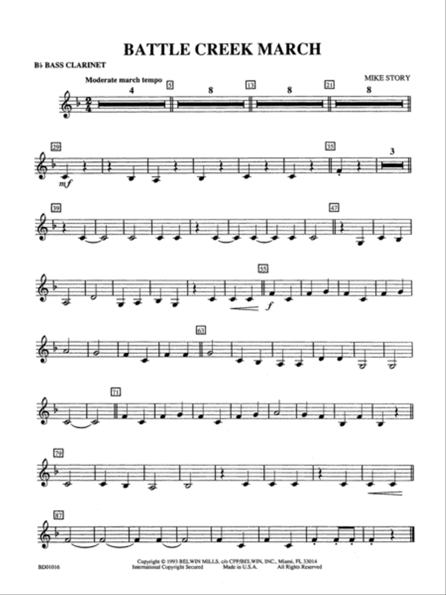 Battle Creek March: B-flat Bass Clarinet Concert Band scores gallery preview page 1