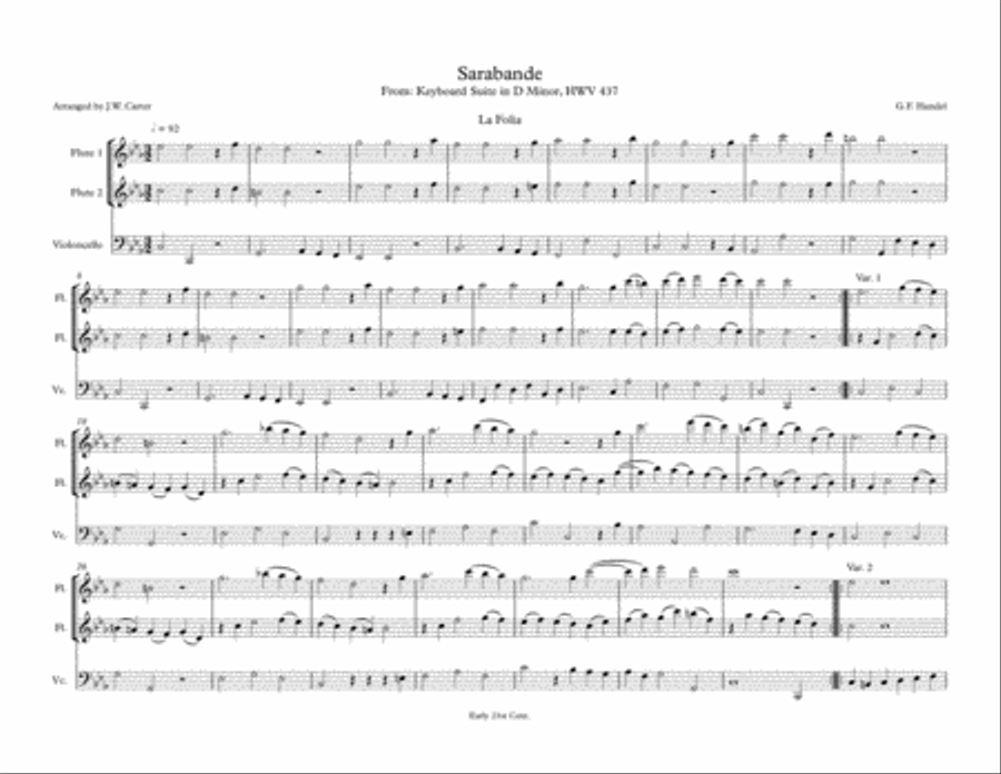 La Folia, from Keyboard Suite in D min., HWV 437, by G.F. Handel, arranged for 2 Flutes & Cello Small Ensemble scores gallery preview page 2