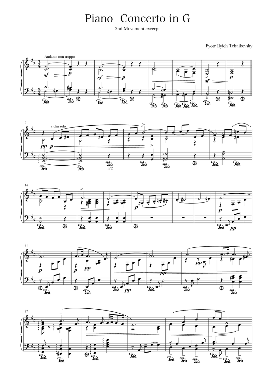 Tchaikovsky Piano Concerto no. 2 Second movement theme Piano Solo scores gallery preview page 1