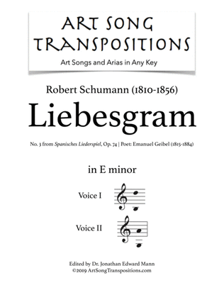 Book cover for SCHUMANN: Liebesgram, Op. 74 no. 3 (transposed to E minor)