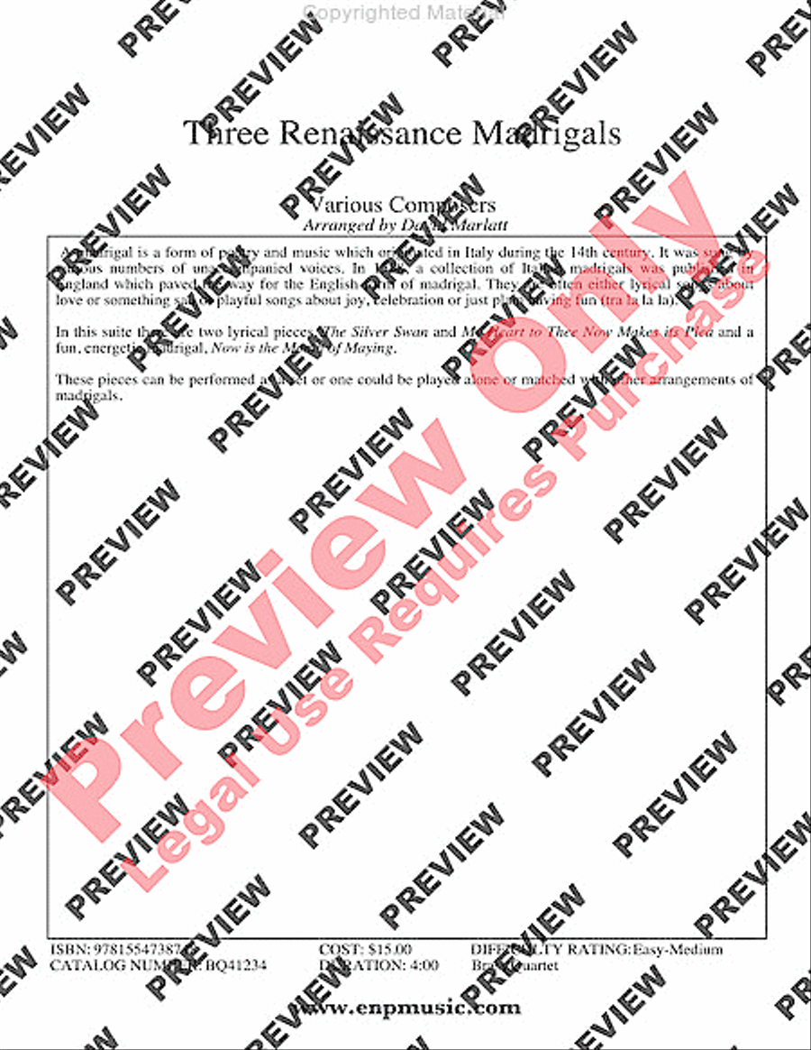 Three Renaissance Madrigals Brass Quartet scores gallery preview page 2