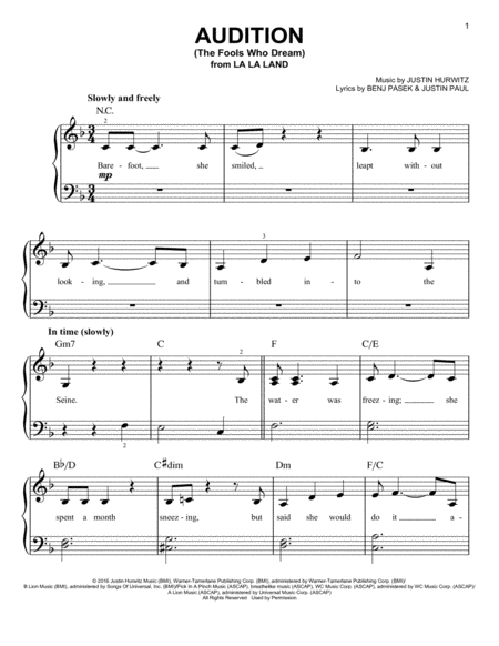 Audition (The Fools Who Dream) Easy Piano - Digital Sheet Music