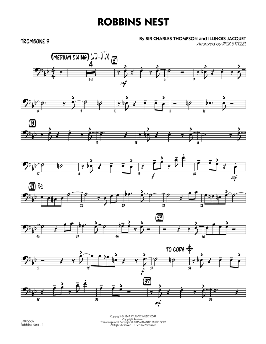 Robbins Nest - Trombone 3 Jazz Ensemble scores gallery preview page 1