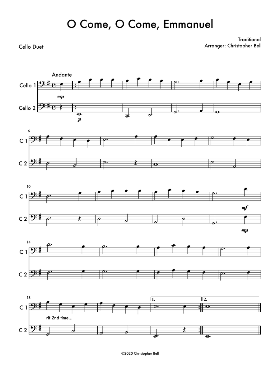O Come, O Come, Emmanuel - Easy Cello Duet String Duet scores gallery preview page 1