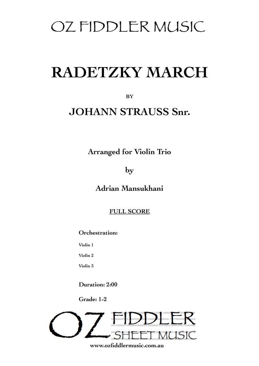Radetzky March, by Johann Strauss Snr., arranged for Violin Trio by Adrian Mansukhani String Trio scores gallery preview page 1