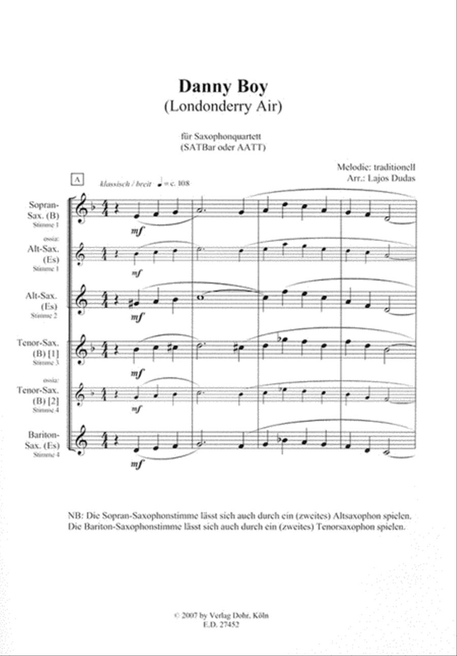 Danny Boy (Londonderry Air) für Saxophonquartett (SATBar oder AATT) Saxophone scores gallery preview page 2