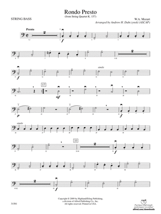 Book cover for Rondo Presto (from String Quartet K. 157): String Bass