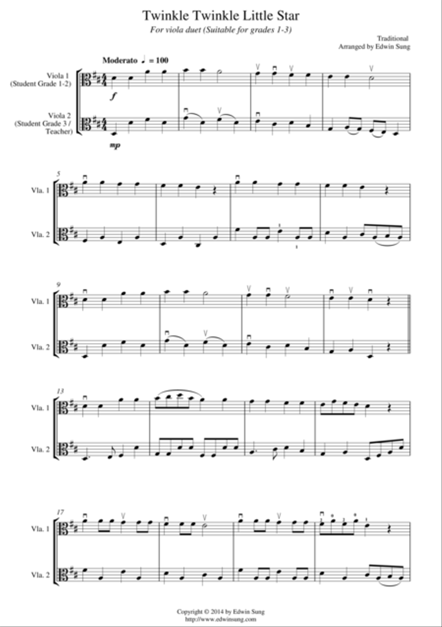 Twinkle Twinkle Little Star (for viola duet, suitable for grades 1-3) String Duet scores gallery preview page 1