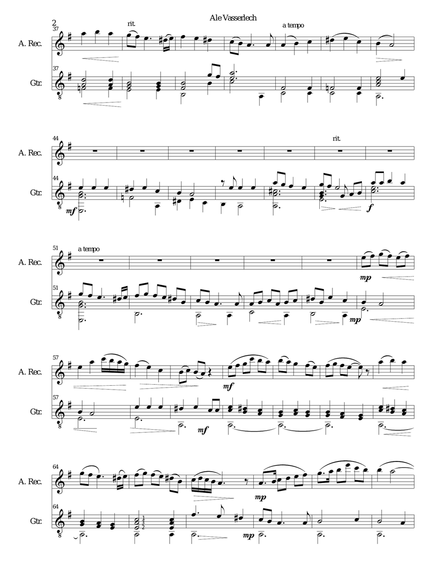 Ale vasserlech (All the waters flow away) for alto recorder and guitar Alto Recorder scores gallery preview page 2