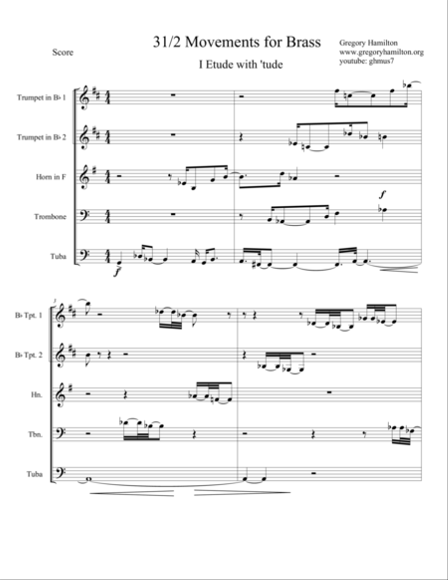 Three and One-Half Movements for Brass; Movement I Etude with 'tude. Brass Ensemble scores gallery preview page 1