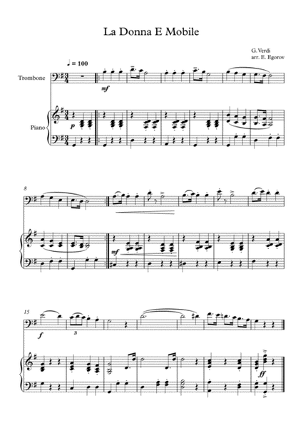 La Donna E Mobile, Giuseppe Verdi, For Trombone & Piano image number null