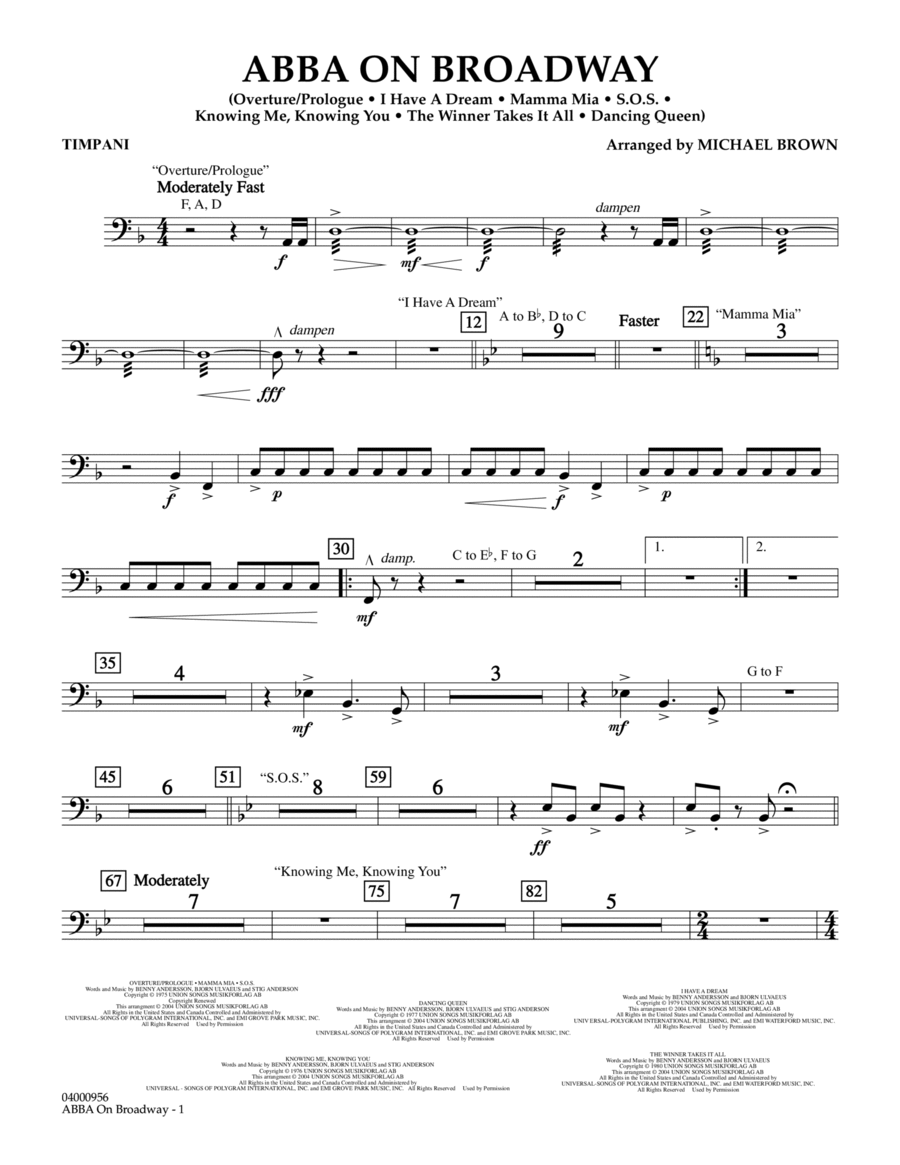 ABBA on Broadway (arr. Michael Brown) - Timpani Percussion scores gallery preview page 1
