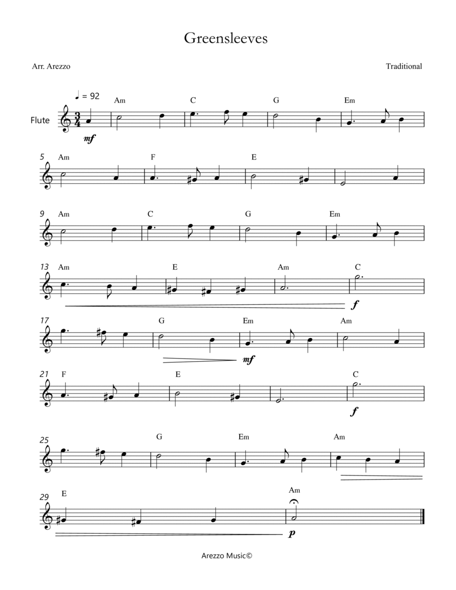 greensleeves Flute lead sheet - Flute Sheet Music - Celtic Music Chord Symbols Chamber Music scores gallery preview page 1
