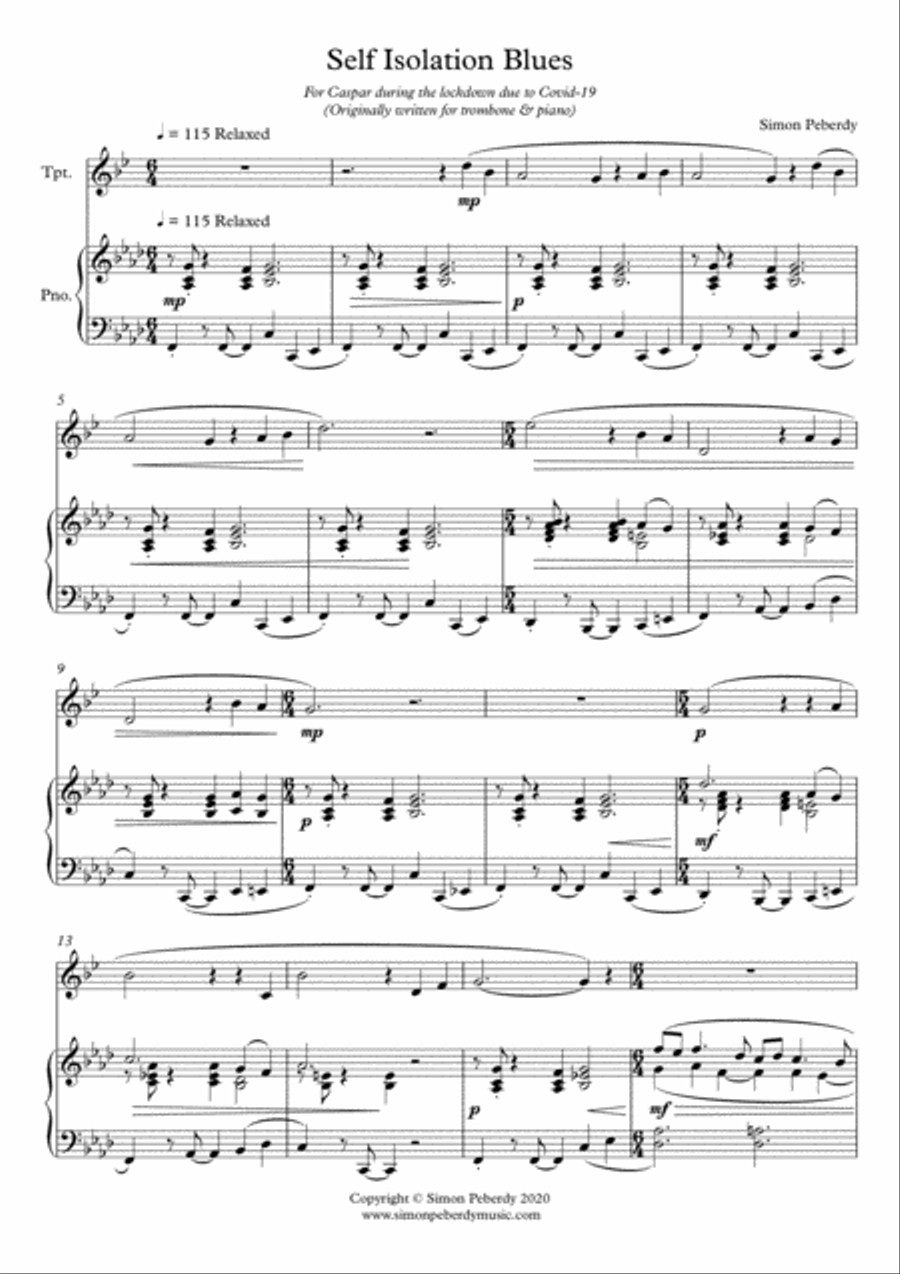 Self Isolation Blues for B flat Trumpet / Cornet / Flugelhorn and Piano by Simon Peberdy Cornet scores gallery preview page 2