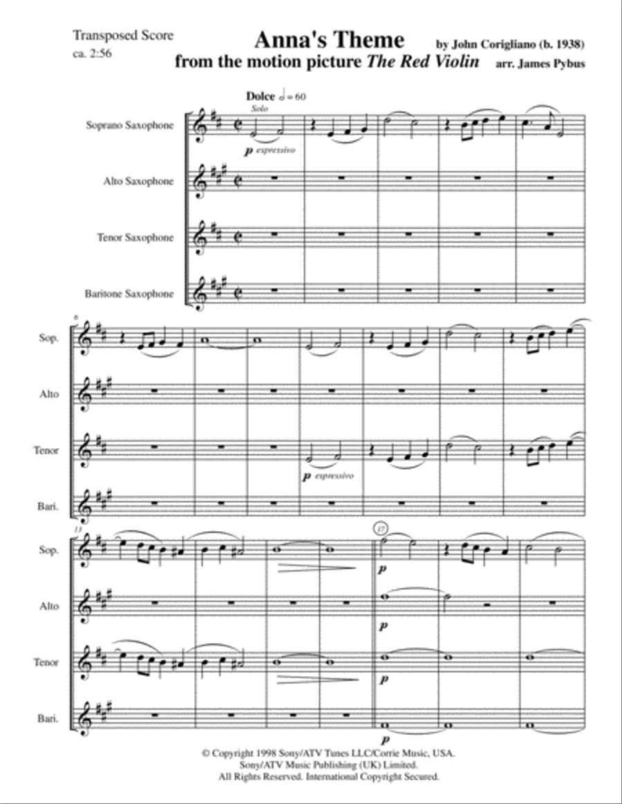 Anna's Theme Saxophone Quartet scores gallery preview page 3