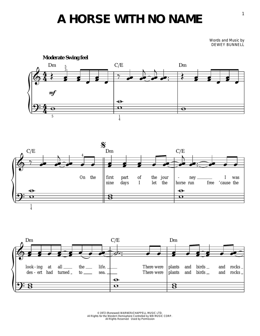A Horse With No Name Easy Piano scores gallery preview page 1