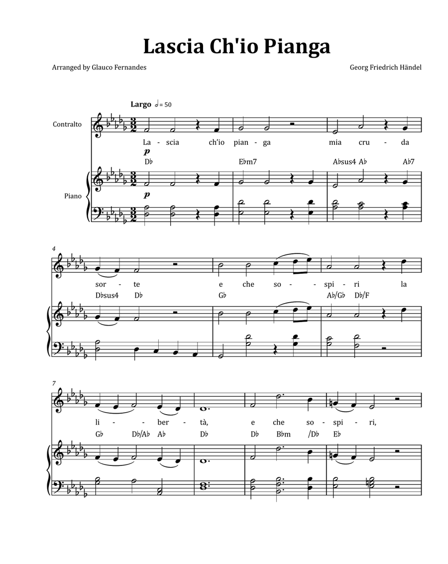 Lascia Ch'io Pianga by Händel - Contralto & Piano in D-flat Major with Chord Notation Chamber Music scores gallery preview page 1