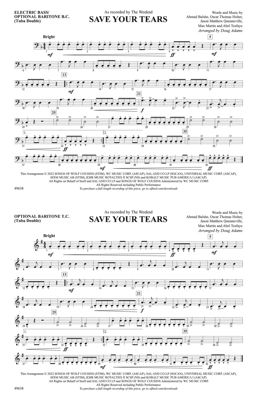 Save Your Tears: Electric Bass Marching Band scores gallery preview page 1