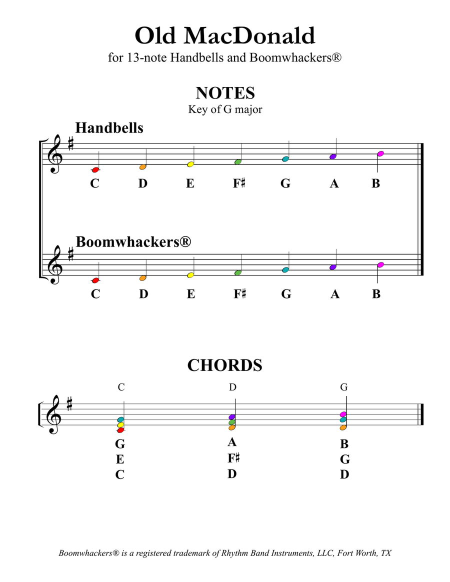 Old MacDonald Had a Farm (for 13-note Bells and Boomwhackers with Color Coded Notes) Handbell Choir scores gallery preview page 3