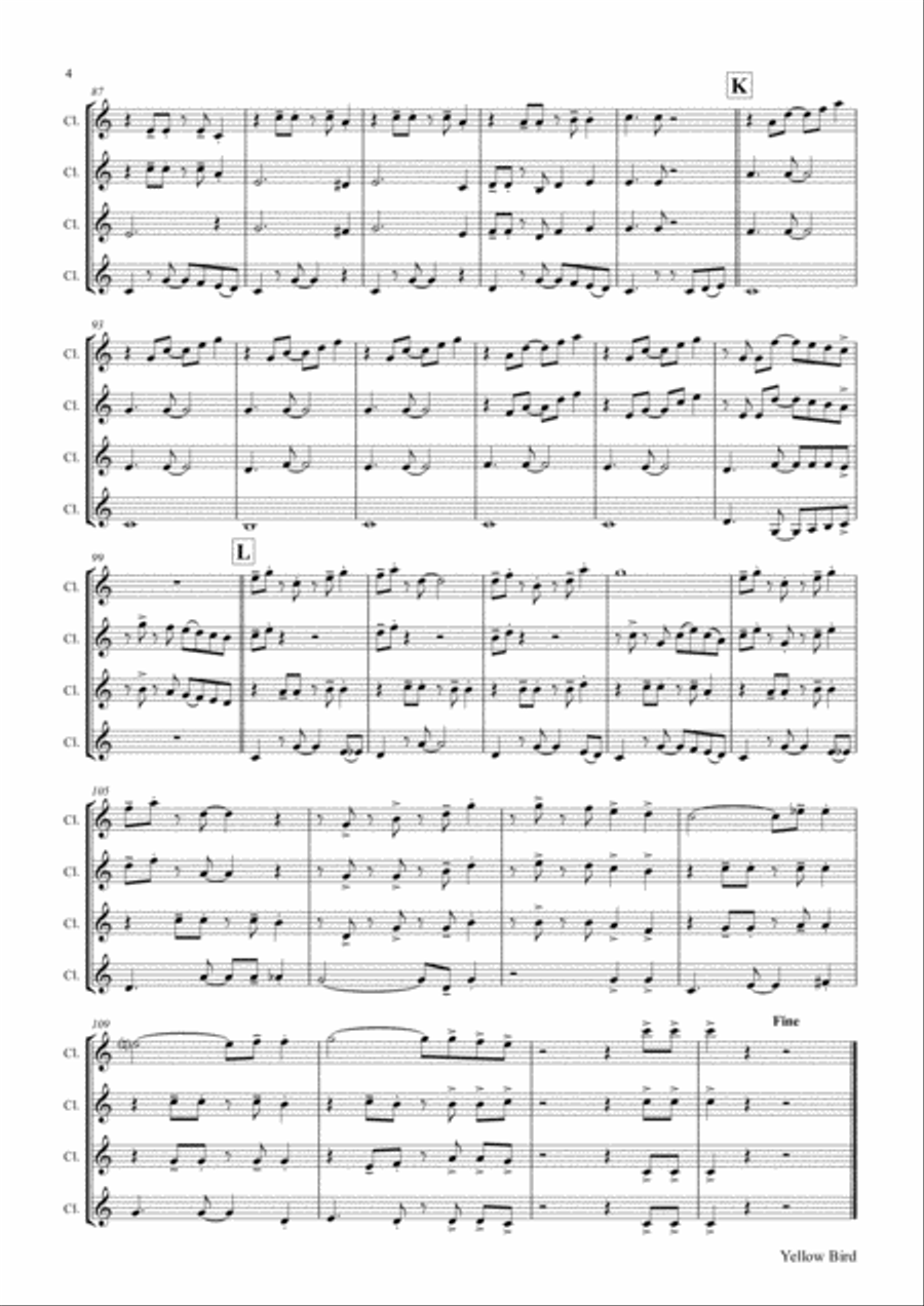 Yellow Bird - Haitian Folk Song - Calypso - Clarinet Quartet Clarinet Quartet scores gallery preview page 5