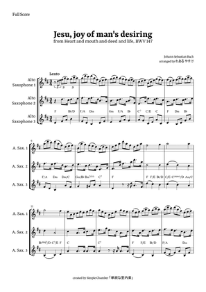 Book cover for Jesu, Joy of Man’s Desiring for Alto Saxophone Trio by Bach BWV 147