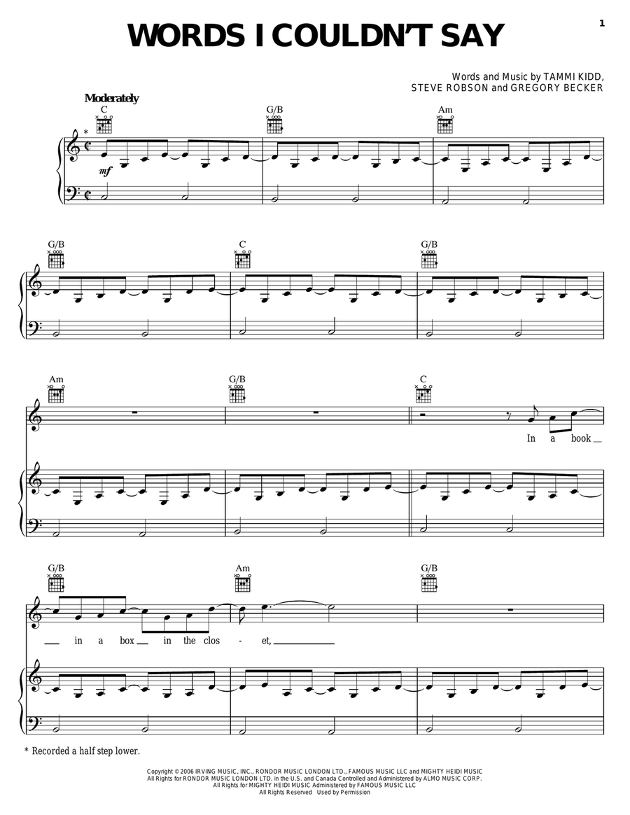 Words I Couldn't Say Piano, Vocal, Guitar scores gallery preview page 1