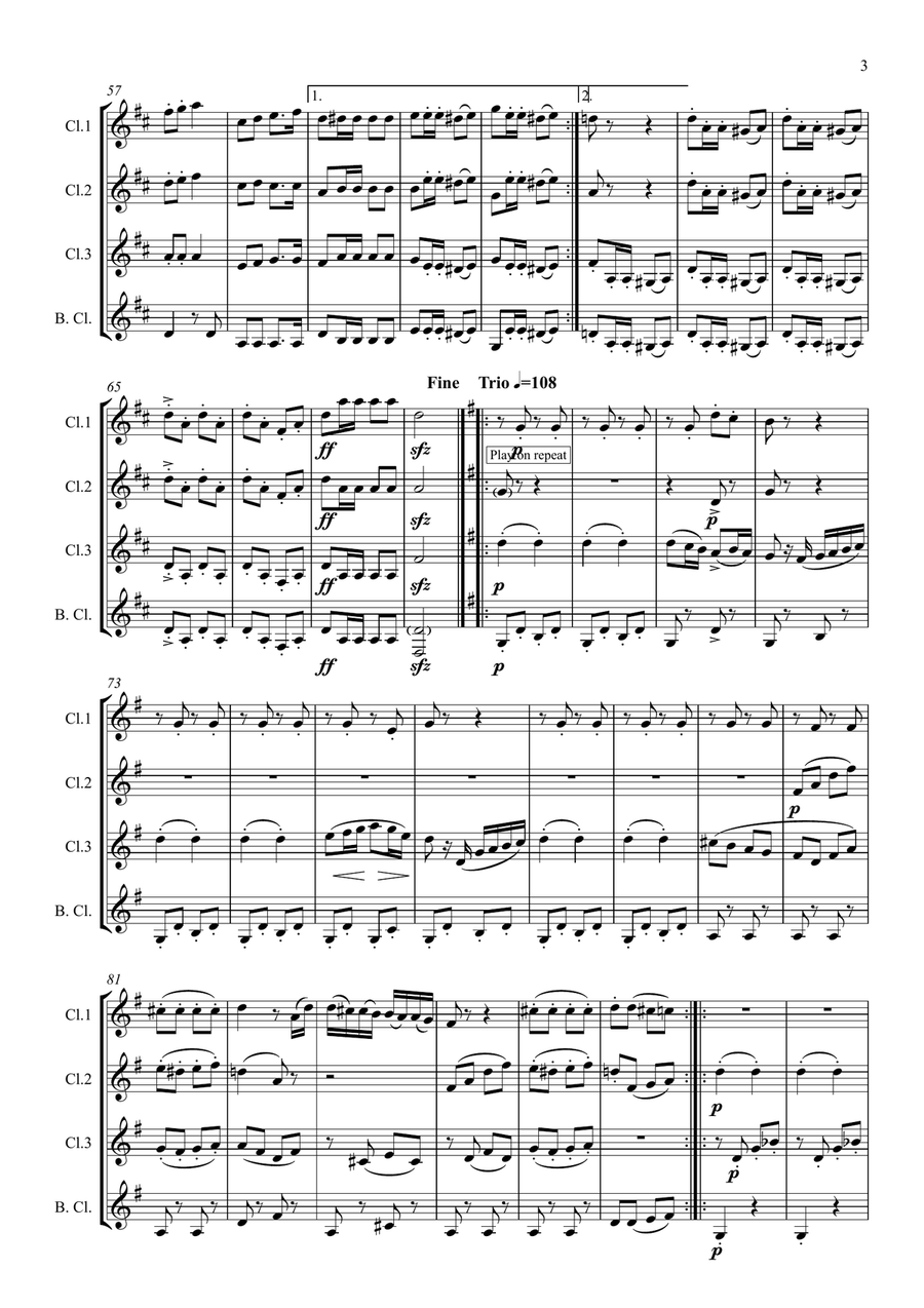 Schubert: Marche Militaire Op.51 No.1 in D, D733 - clarinet quartet Clarinet Quartet scores gallery preview page 3