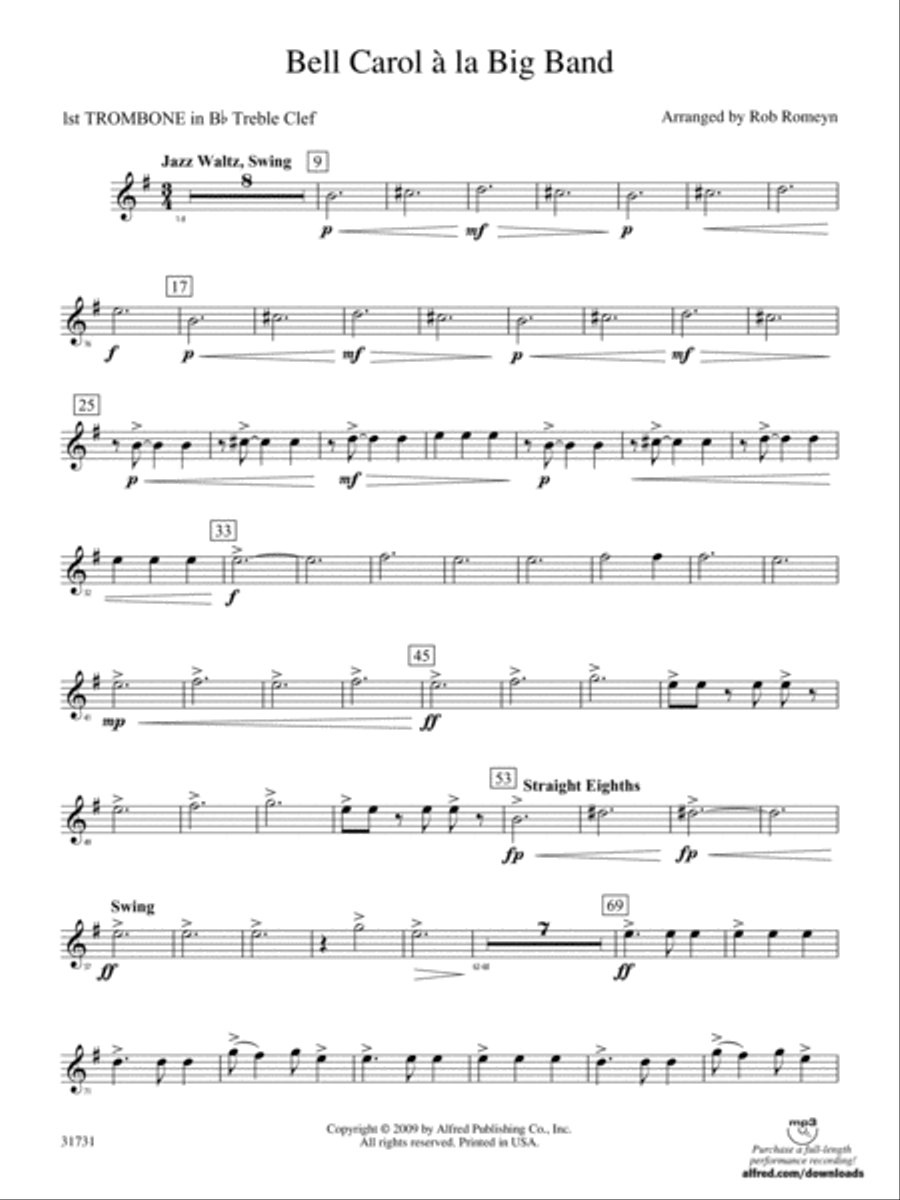 Bell Carol a la Big Band: (World Part) 1st B-flat Trombone T.C. Concert Band scores gallery preview page 1