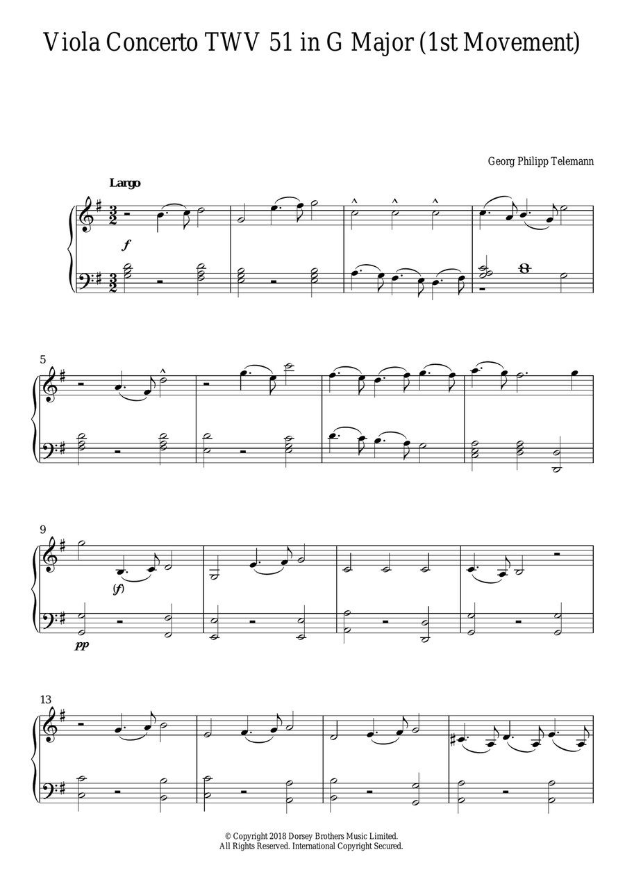 Viola Concerto TWV 51 In G Major (1st Movement) Piano Solo scores gallery preview page 1