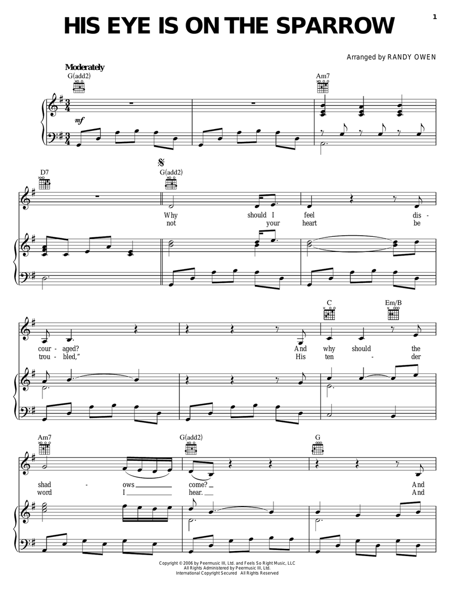 His Eye Is On The Sparrow Piano, Vocal, Guitar scores gallery preview page 1