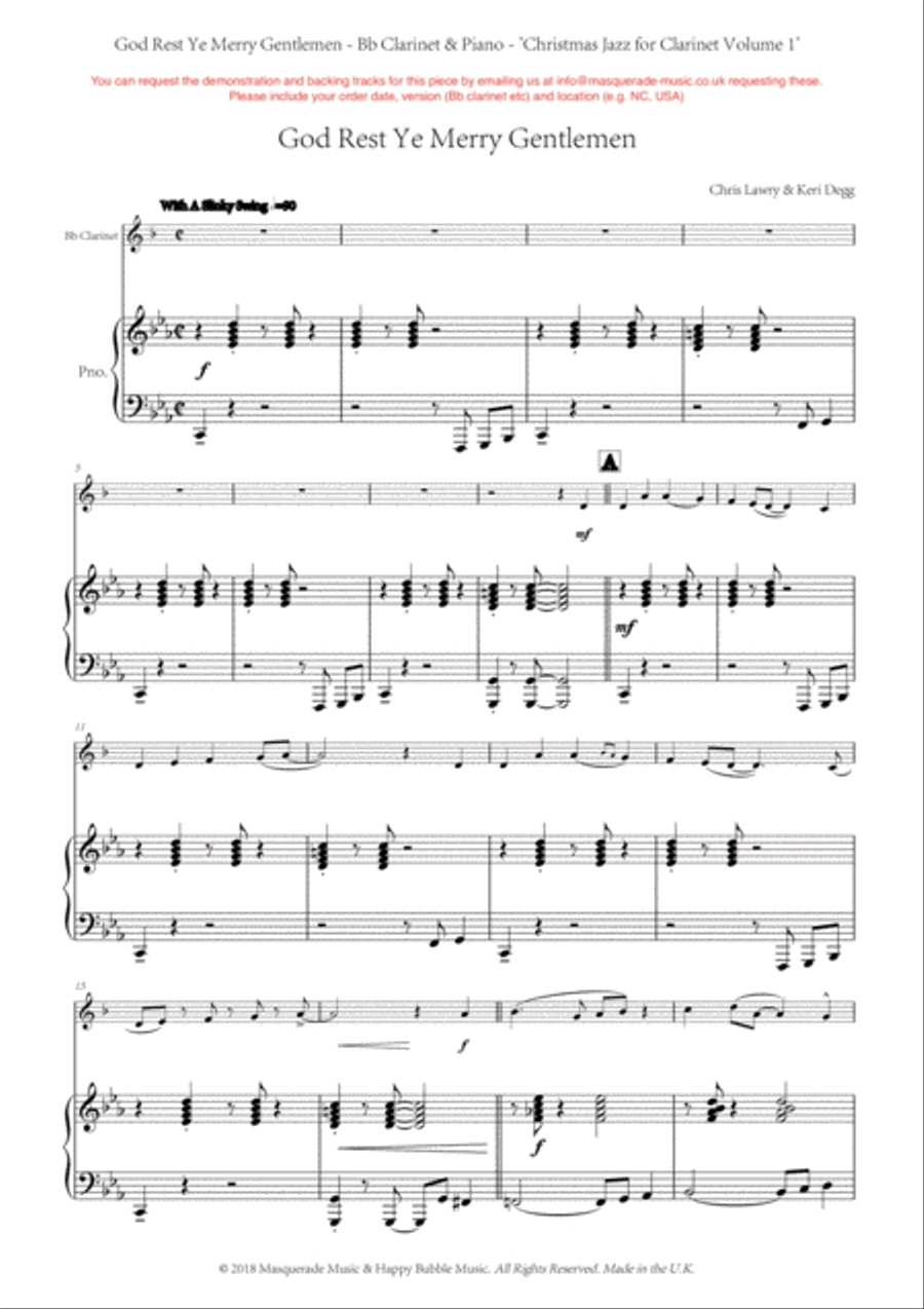 God Rest Ye Merry Gentlemen; A Funky Jazz arrangement for Bb Clarinet and Piano. Includes access to B-Flat Clarinet scores gallery preview page 1