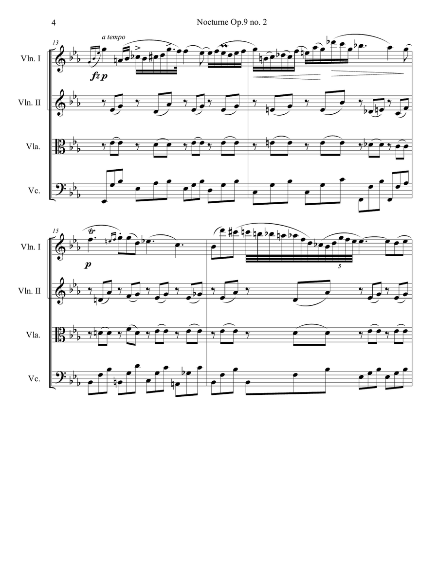 Nocturne Op. 9 No. 2 for String Quartet String Quartet scores gallery preview page 4