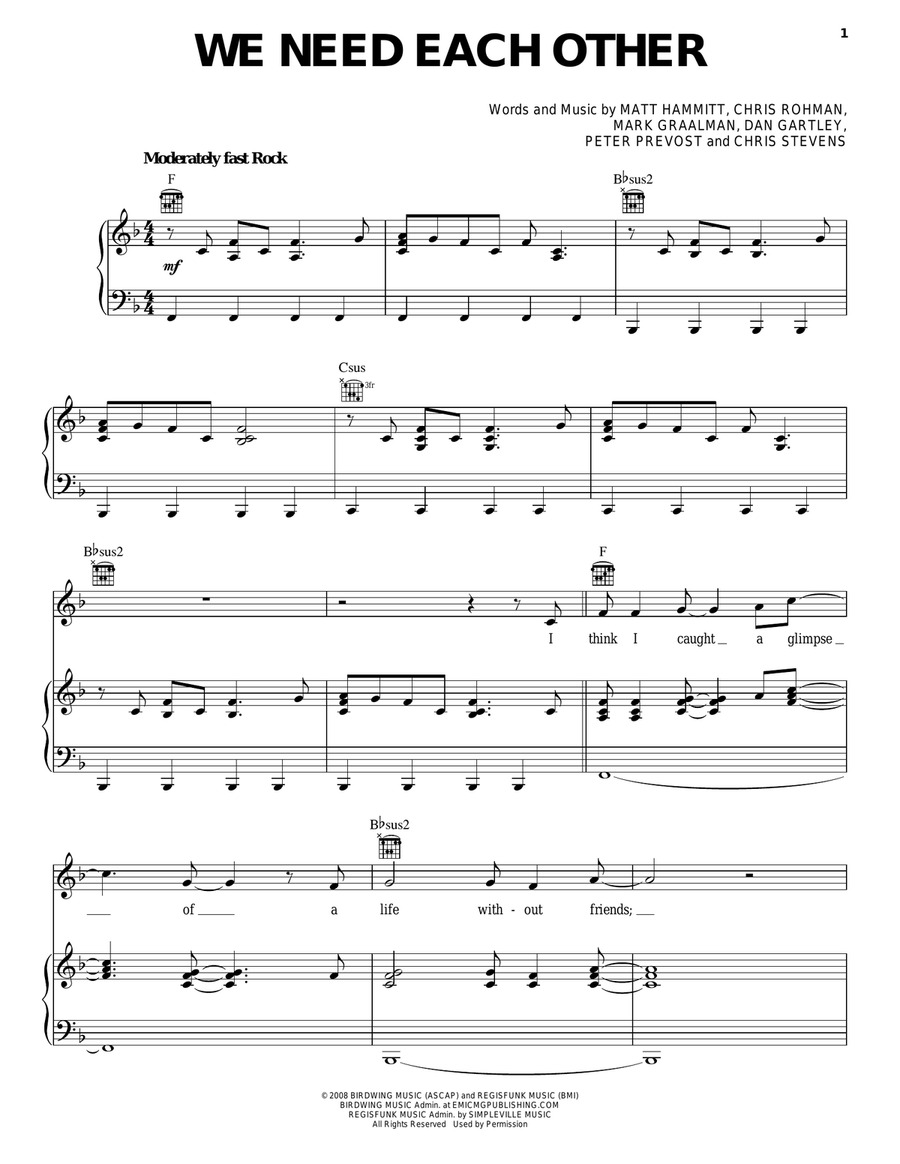 We Need Each Other Piano, Vocal, Guitar scores gallery preview page 1
