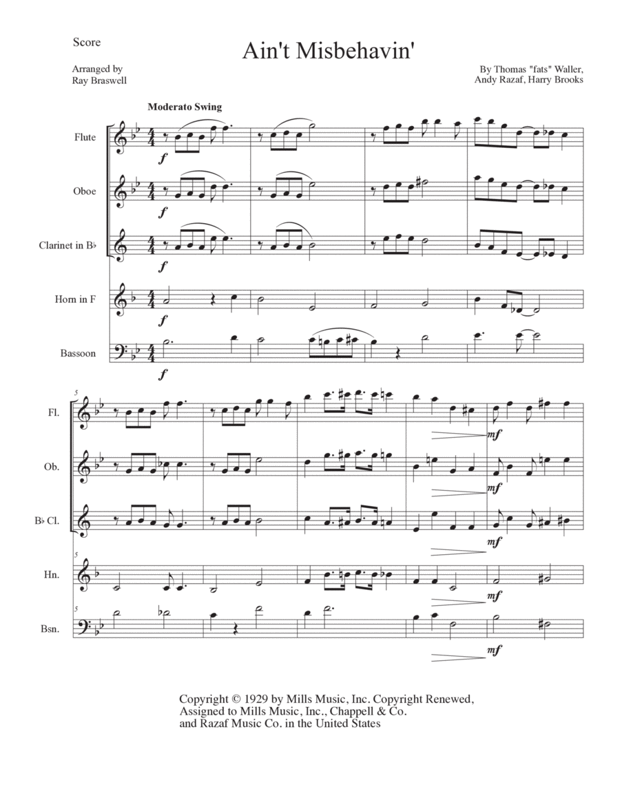 Ain't Misbehavin' Woodwind Quintet scores gallery preview page 1