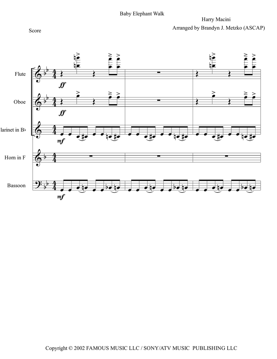 Baby Elephant Walk Woodwind Quintet scores gallery preview page 1