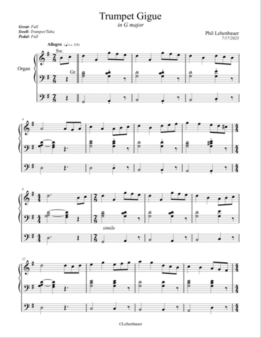 Trumpet Gigue in G major, organ work by Phil Lehenbauer Trumpet scores gallery preview page 2