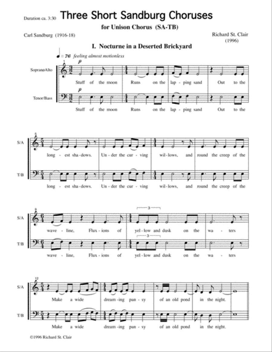 Three Short Sandburg Choruses for Unison Choir SA/TB TB scores gallery preview page 1