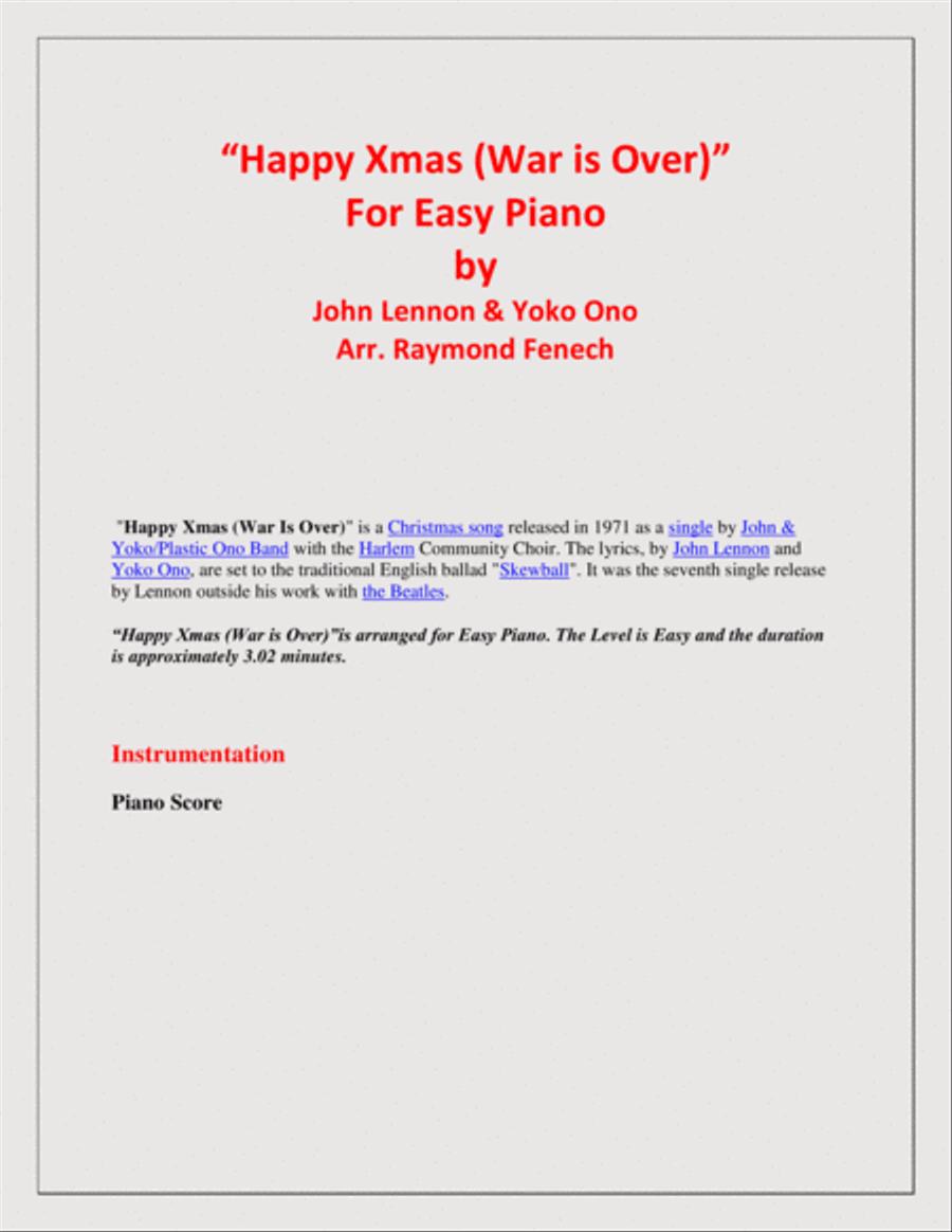 Happy Xmas (War Is Over) Easy Piano scores gallery preview page 2