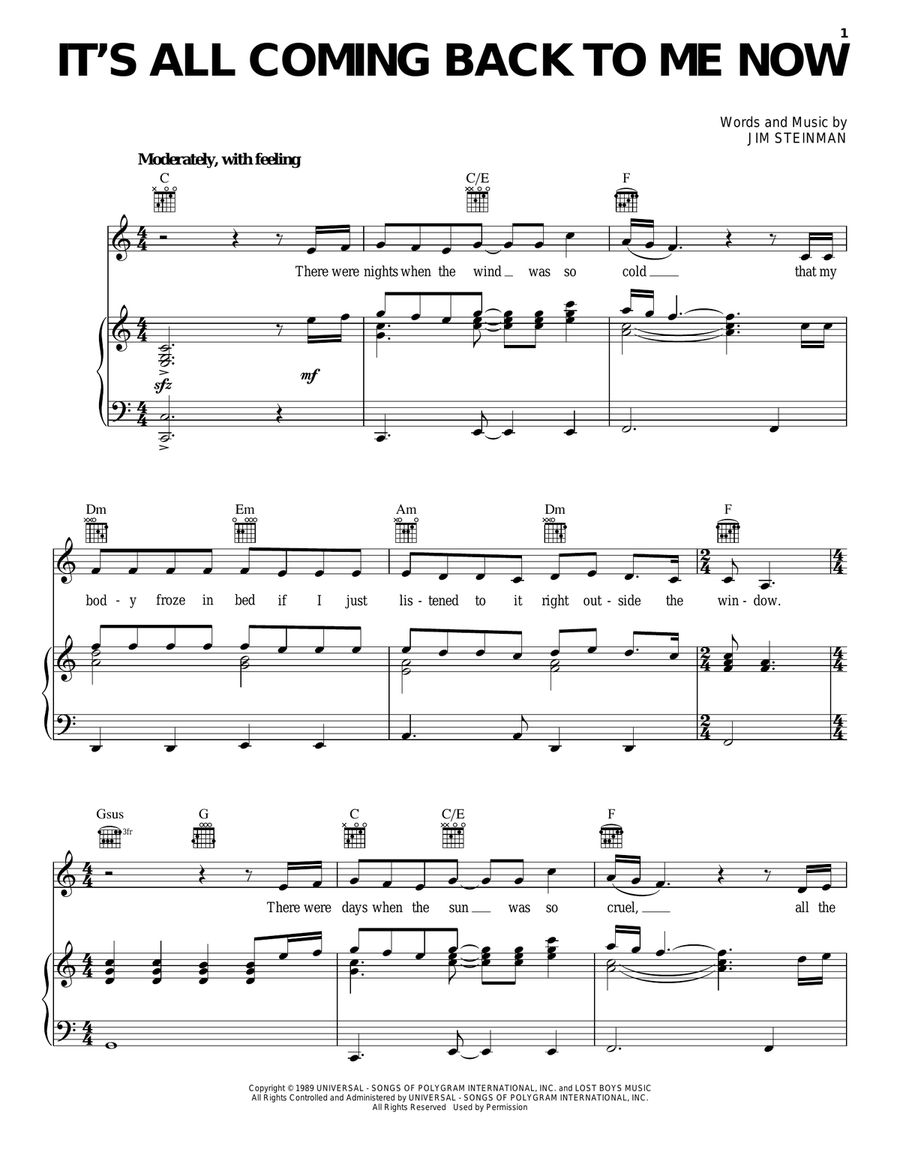 It's All Coming Back To Me Now Piano, Vocal, Guitar scores gallery preview page 1