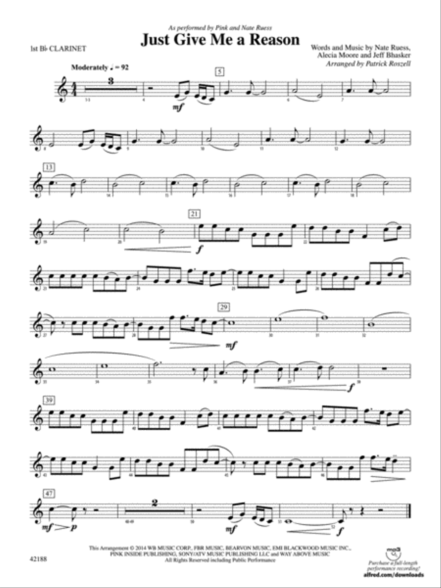 Just Give Me a Reason: 1st B-flat Clarinet Concert Band scores gallery preview page 1