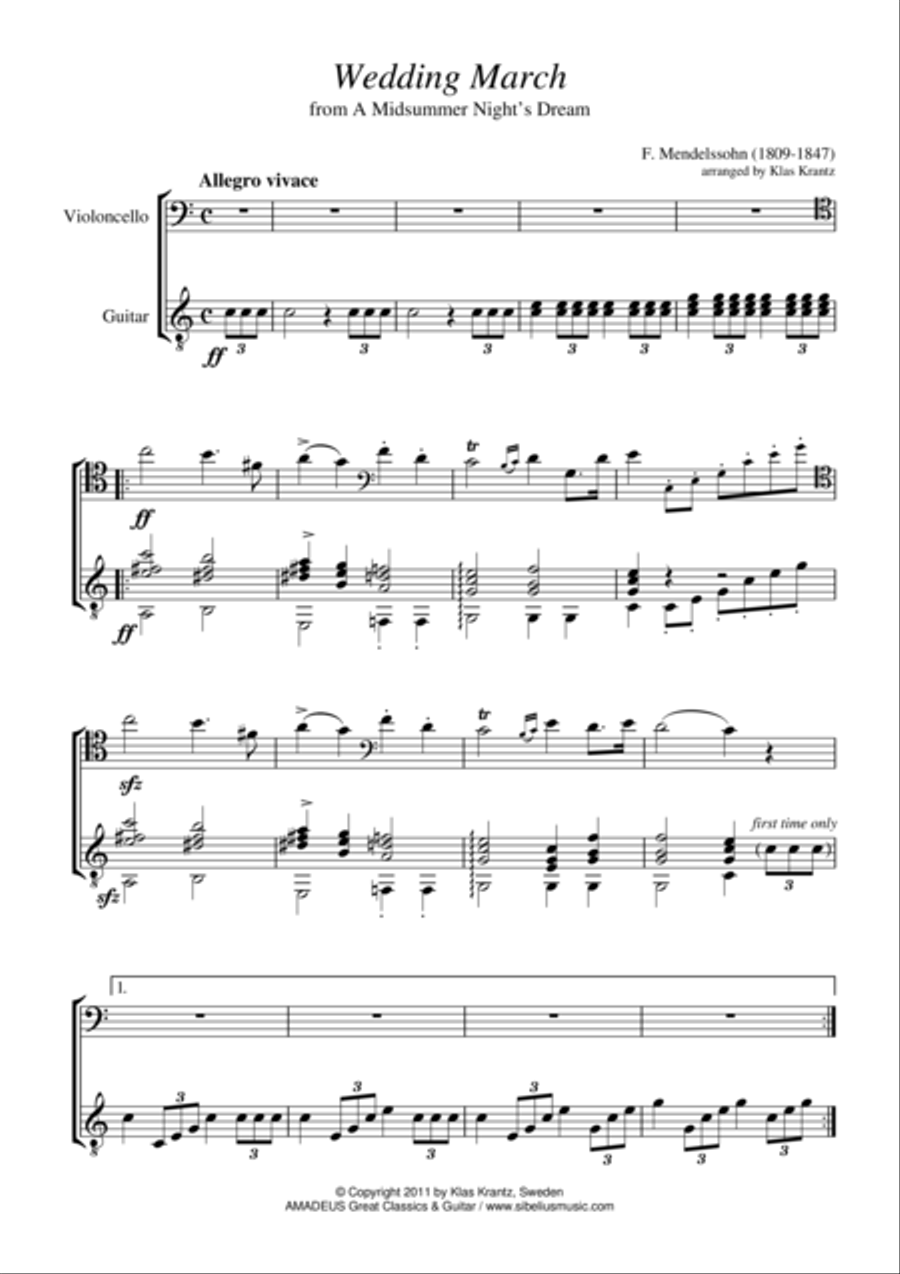 Wedding March for cello and guitar Wedding March for cello and guitar String Duet scores gallery preview page 1