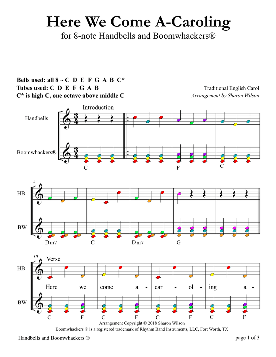Here We Come A-Caroling for 8-note Bells and Boomwhackers (with Color Coded Notes) Handbell Choir scores gallery preview page 5