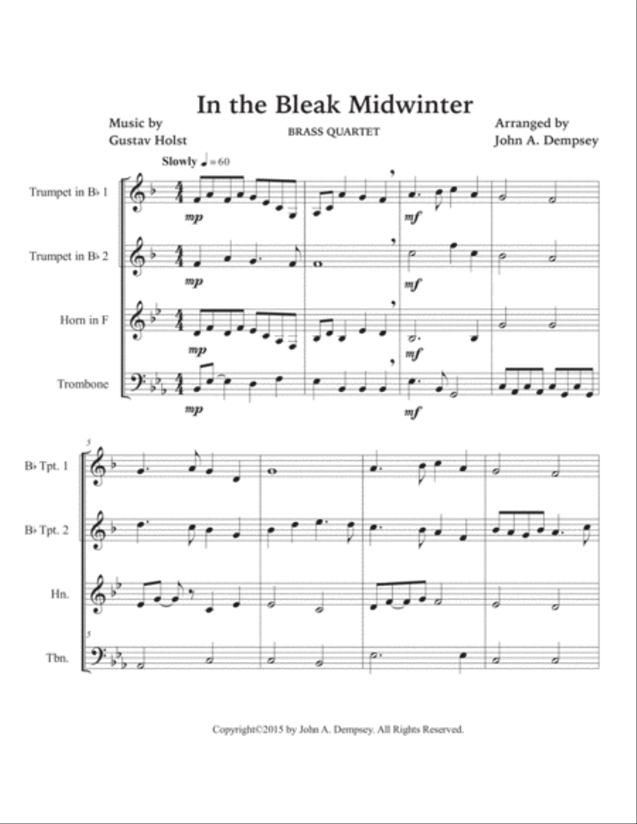 In the Bleak Midwinter (Brass Quartet): Two Trumpets, Horn in F and Trombone Brass Quartet scores gallery preview page 5
