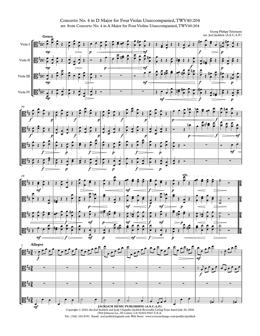Concerto No. 4 in D Major for Four Violas Unaccompanied, TWV40:204 String Quartet scores gallery preview page 1
